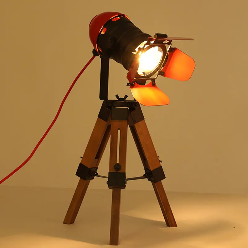 Industrial style desk lamp, solid wood iron wrought American creative personalized bar bedroom decorative tripod desk lamp