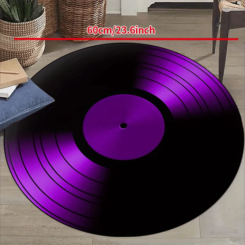 Cool Gradient Purple Black Vinyl Record Round Rug, Retro LP Phonograph Disc Print Floor Mat for Music Lover Bedroom Sofa Bar