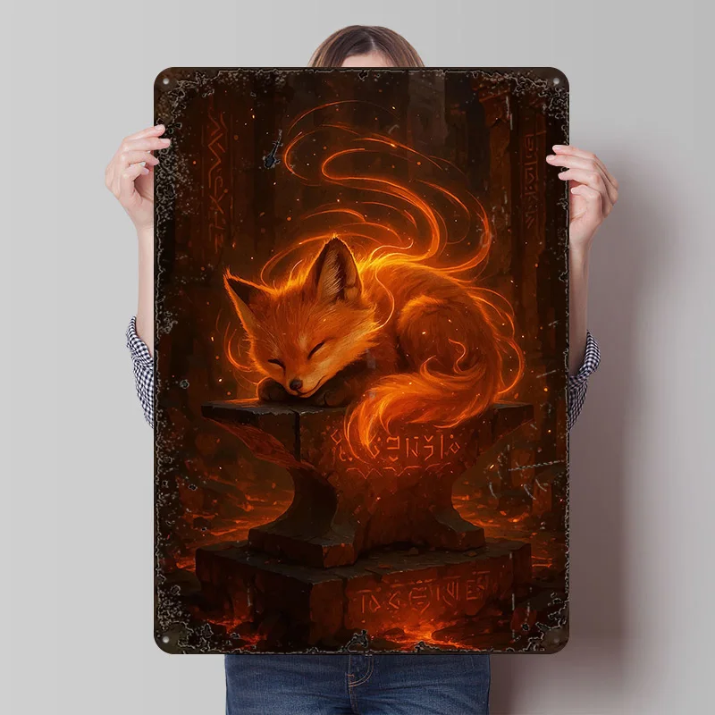 Sleeping Fox Anvil Animal Printed Posters Customizable Wall Art Retro Vintage Metal Tin Signs for Home Room Decoration Aesthetic