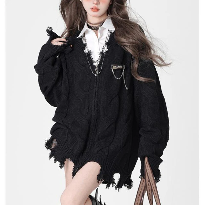 Women Casual Streetwear Oversized Harajuku Gothic Zipper Knitted Cardigan Vintage Y2K Fairy V Neck Long Sleeve Chic Sweater Coat