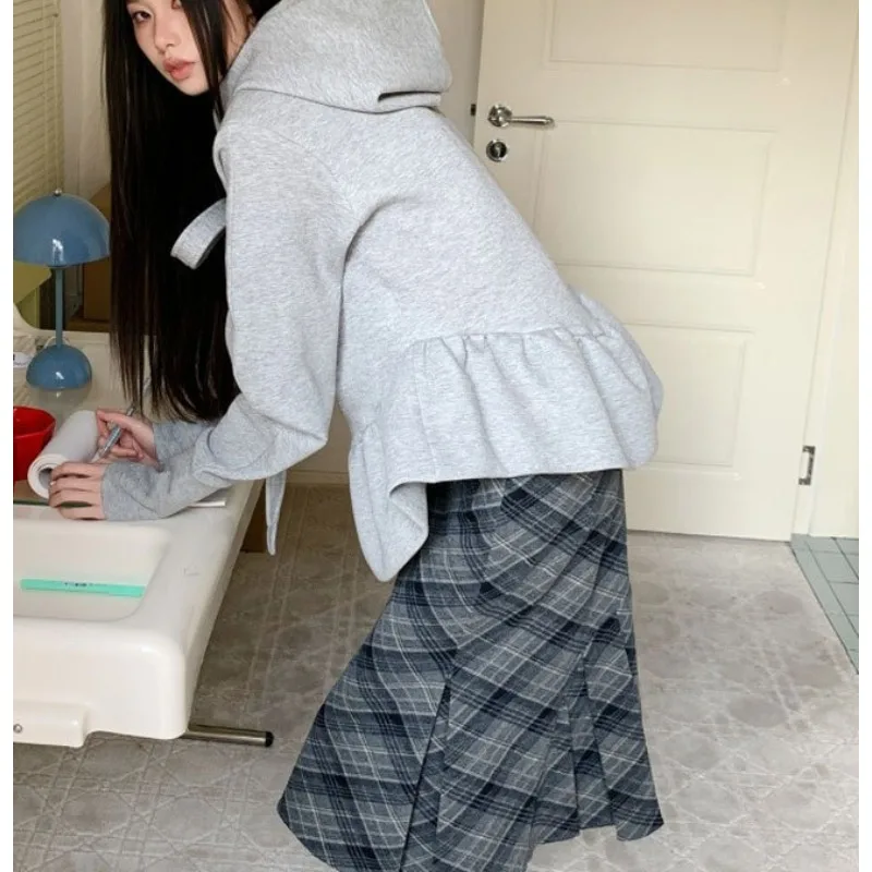 V-neck Women's Unique Lace-up Bow Hooded Pullover Loose and Laid-back Casual All-purpose Top Coat