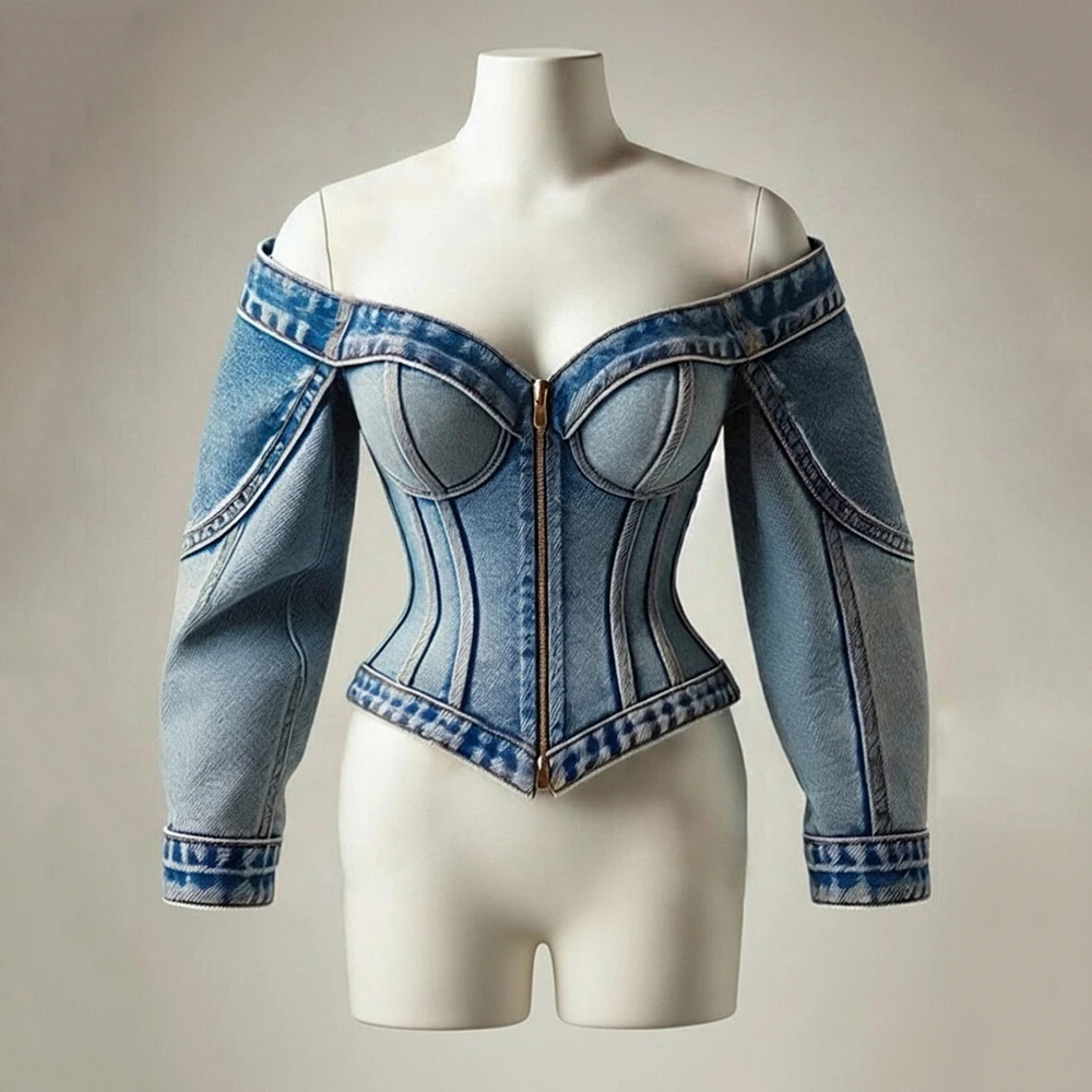 Women's Sexy Off Shoulder Zip Up Denim Jacket Vintage Washed Corset Top Slim Fit Long Sleeves Y2K Chic Streetwear Outerwear Coat