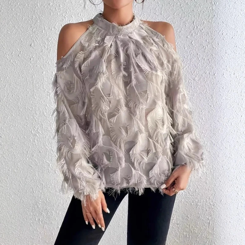 Elegant Women's Cold Plush Shirt Transparent Polyester Round Neck Long Sleeve Fluffy Detail Design Top