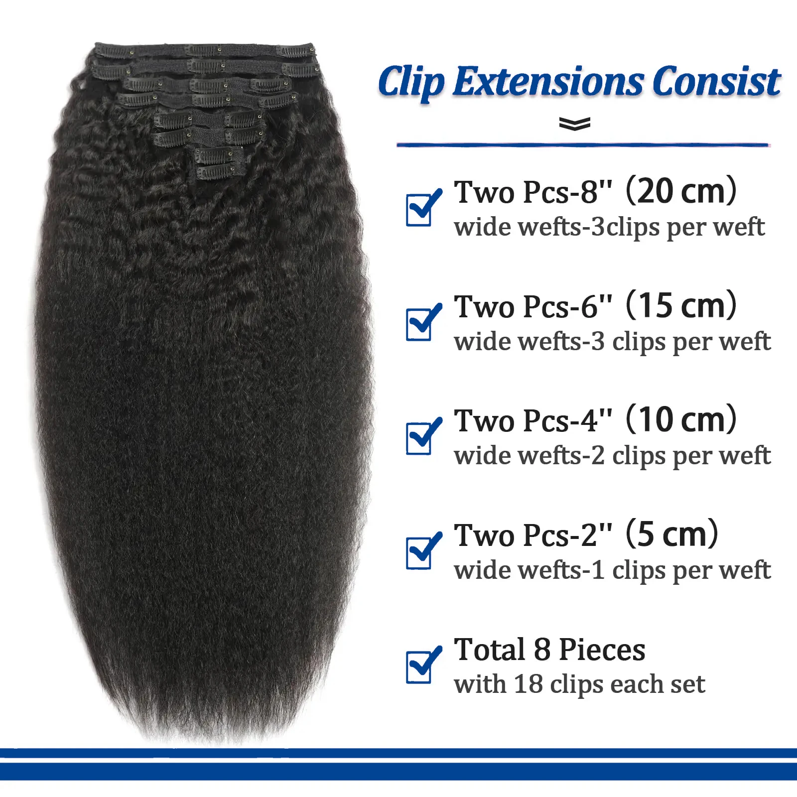 Clipe reto crespo de cabeça cheia 120 g/conjunto em extensões de cabelo brasileiro 100% grampos de cabelo humano # Cabelo Remy de cor natural 1B para mulheres