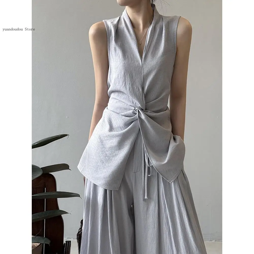 Fashionable Design Twisted Sleeveless Shirt Set for Women's Summer Temperament Elegant Wide Leg Floor Length Pants
