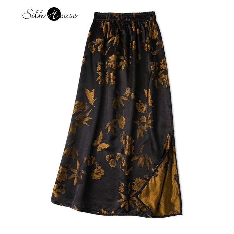 

Women's Fashion Clothing 35% Natural Mulberry Silk Black Printed Satin Gloss Elastic Waist Fork Bucket Skirt