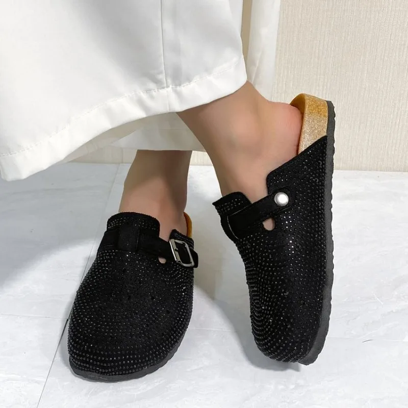 Shiny Rhinestones Outdoor Slippers Women\'s Shoes 2024 Summer Trend Luxury Platform Sandals Black Buckle Cork Clog Luxury Mules