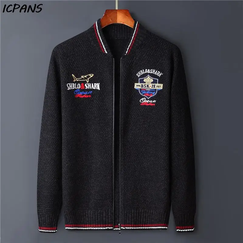 Vintage Red Shark Male Cardigan Sweater Autumn Casual Knitwear with Zipper And Letter Design Men's Knitted Coat Jacket