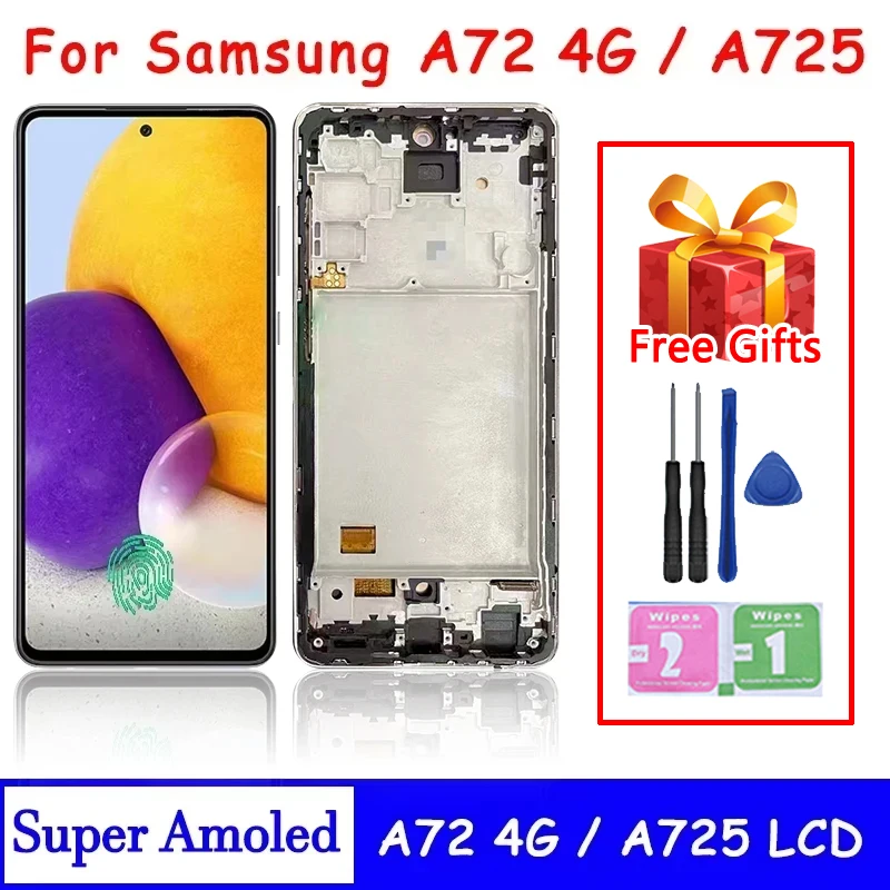スーパー-amoled-a72-ディスプレイ画面サムスン-a72-a725-a725f-液晶ディスプレイタッチスクリーンデジタイザーアセンブリとフレーム指紋認証