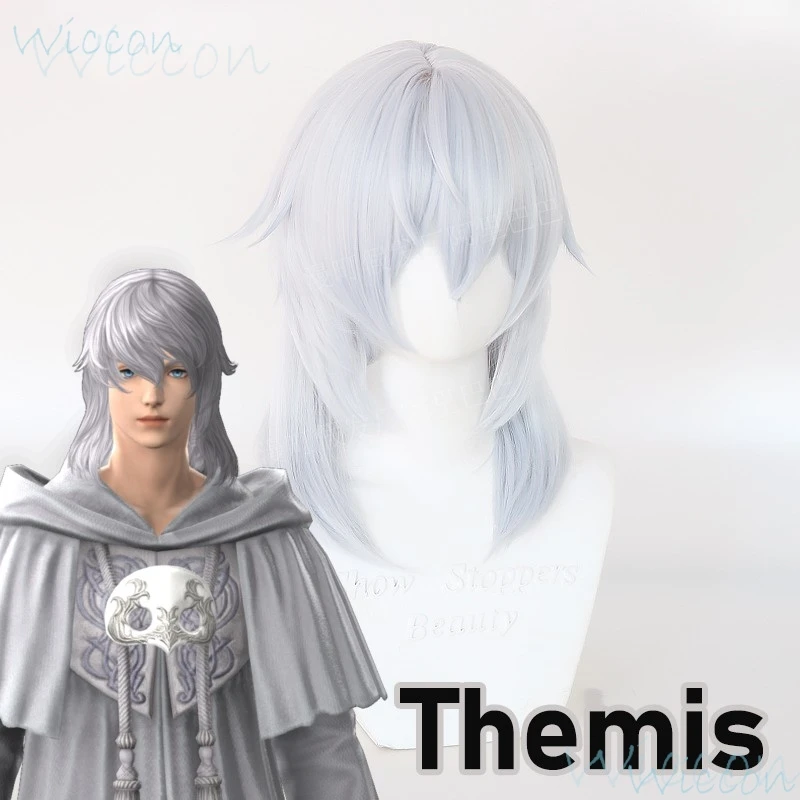 لعبة Themis FFXIV كوسبلاي فاينل فانتسي XIV كوسبلاي FF14 لعب الأدوار أبيض ورمادي شعر مستعار طويل كوسبلاي الدعامة حفلة الهالوين للرجال