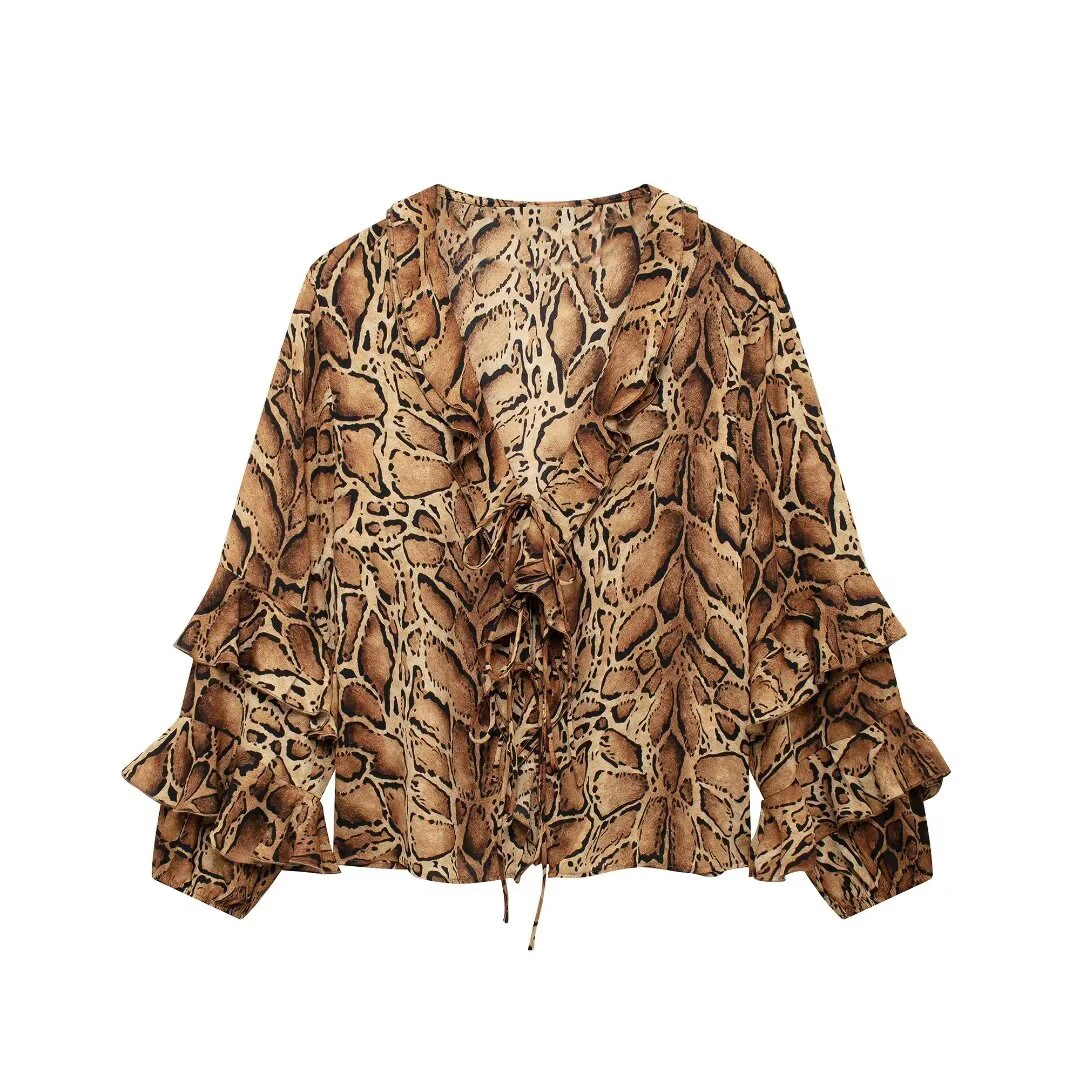 Tangada Women Leopard Print Bow Ruffles Shirt Long Sleeve 2024 Fashion Female Blouse Tops BE0174