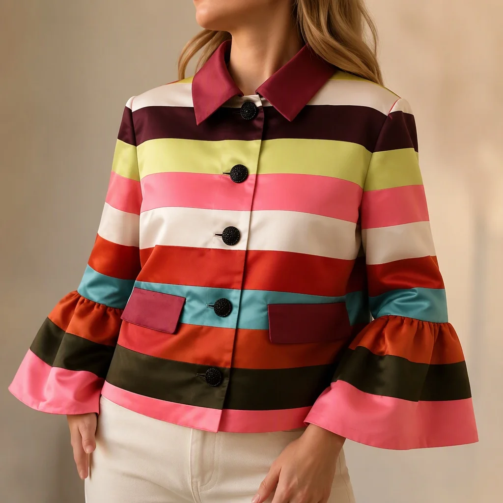 Women's Vibrant Multi‑Color Stripe Cropped Outerwear Turn‑Down Collar Flare 3/4 Sleeve Button Elegant Jacket For Daily Party