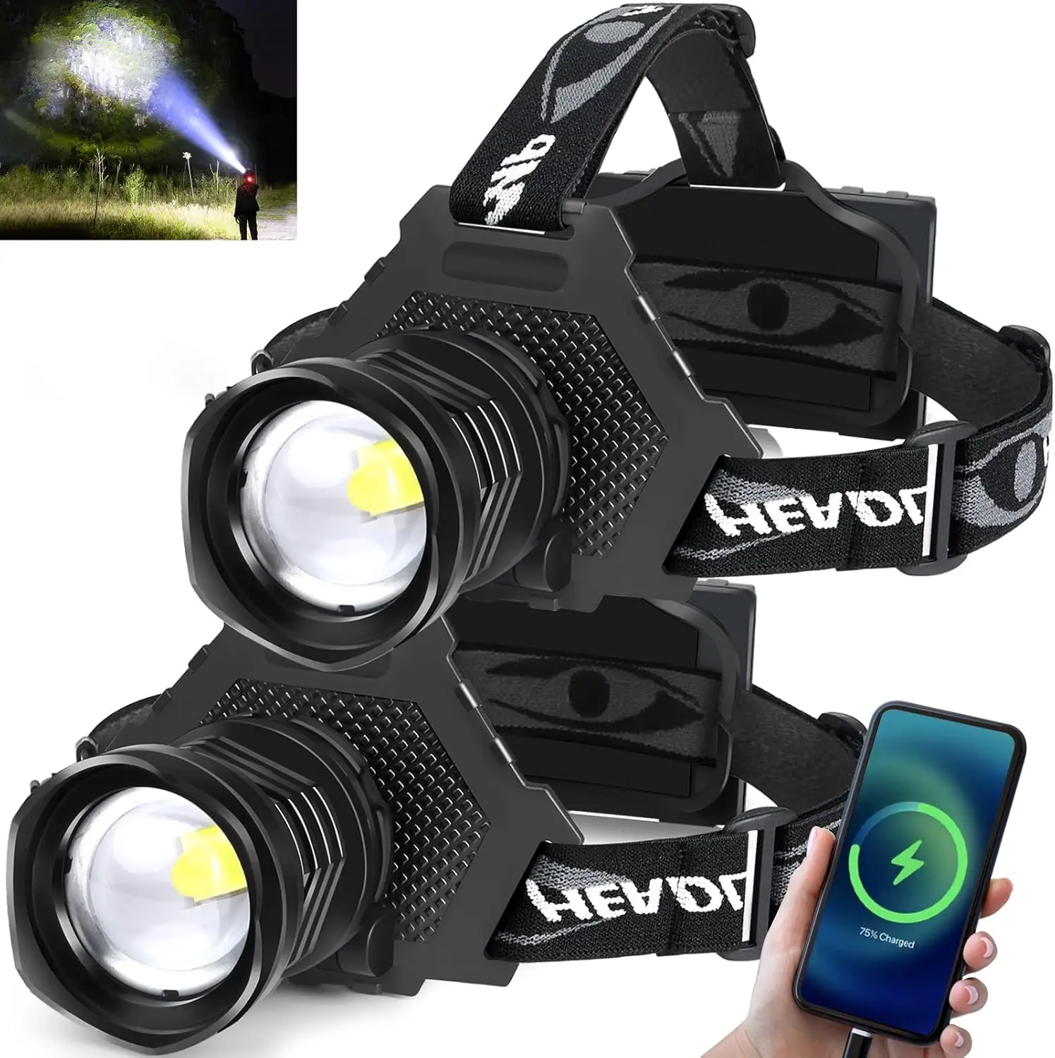 

Перезаряжаемый светодиодный налобный фонарь 1080 люмен, 5 режимов, водонепроницаемость IPX6, с зумом, для кемпинга, походов, рыбалки, велоспорта (2 шт.)