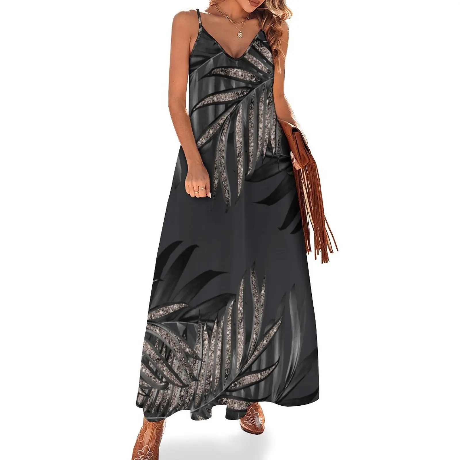 

Gray Black Palm Leaves with Rose Gold Glitter #6 (Faux Glitter) #tropical #decor #art Sleeveless Dress evening dress Dress
