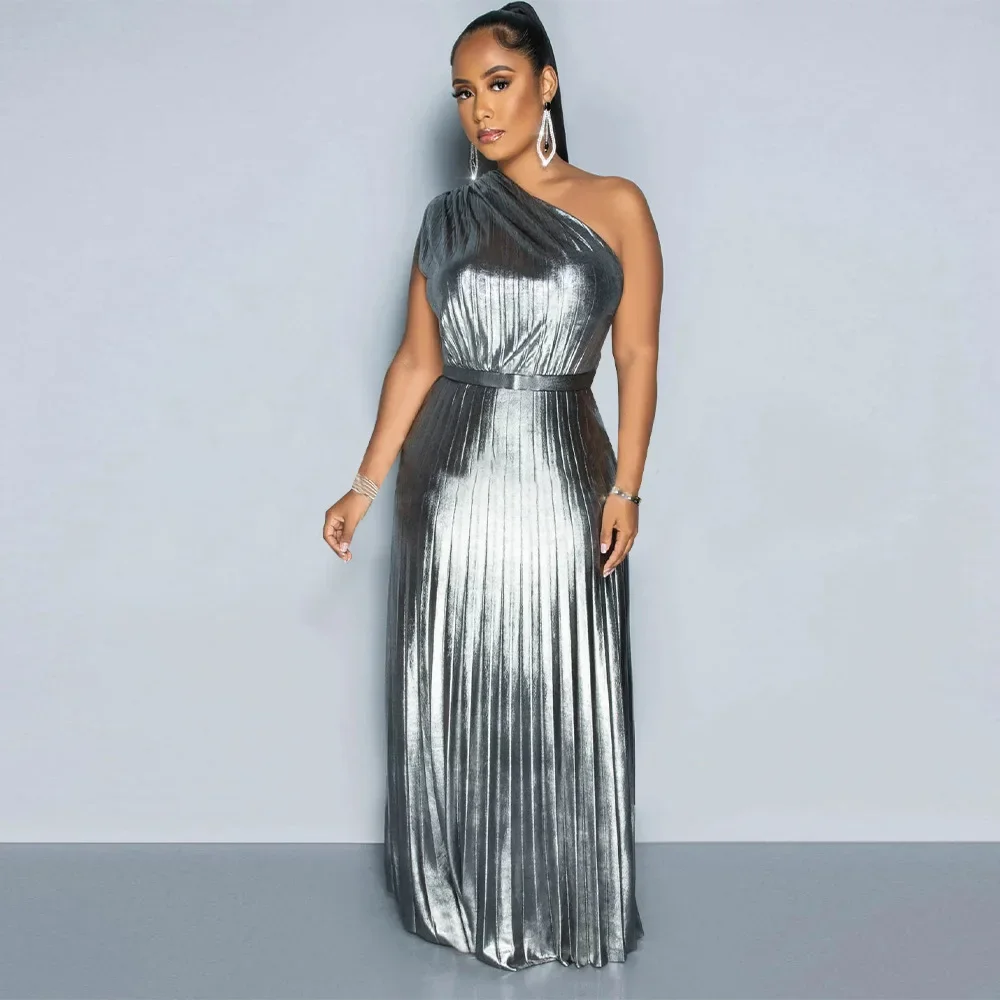 Elegant Women Even Dresses Luxury Maxi Long Metallic Pleated Dress One Shoulder Sleeveless Premium Shiny Shimmer Gowns Dress