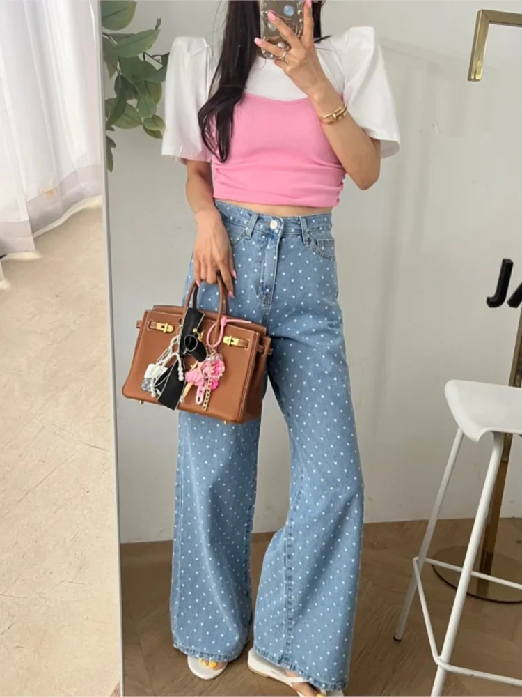 Jeans Polka Dot Print Autumn Long Pant Women High Waist Casual Fashion Ladies Trousers Loose Korean Style Woman Wide Leg Pants