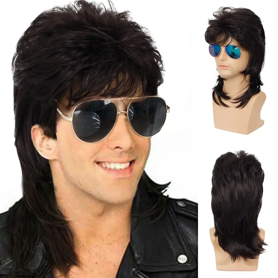 

Mens Mullet Synthetic Wigs Brown Curly 70s 80s Cosplay Costume Halloween Wig Retro Disco Punk Rocker Wigs