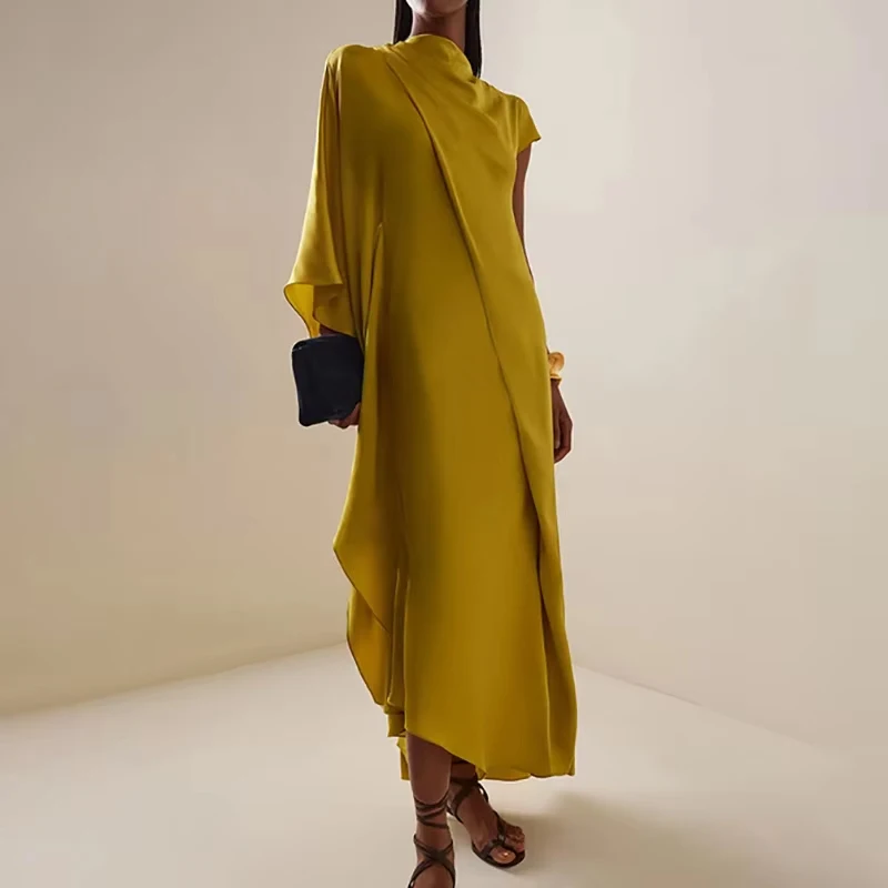 Damska sukienka satynowa z wysokim stanem, w jednolitym kolorze, luźna, długa, elegancka, z dekoltem w kształcie litery O, asymetrycznymi rękawami, modna w 2026 roku.