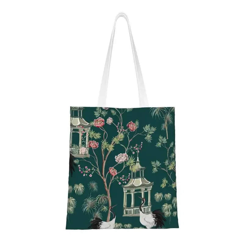 Custom Chinoiserie Fengshui Oriental Floral Pattern Green Canvas Shopping Bags Women Durable Groceries Tote Shopper Bags