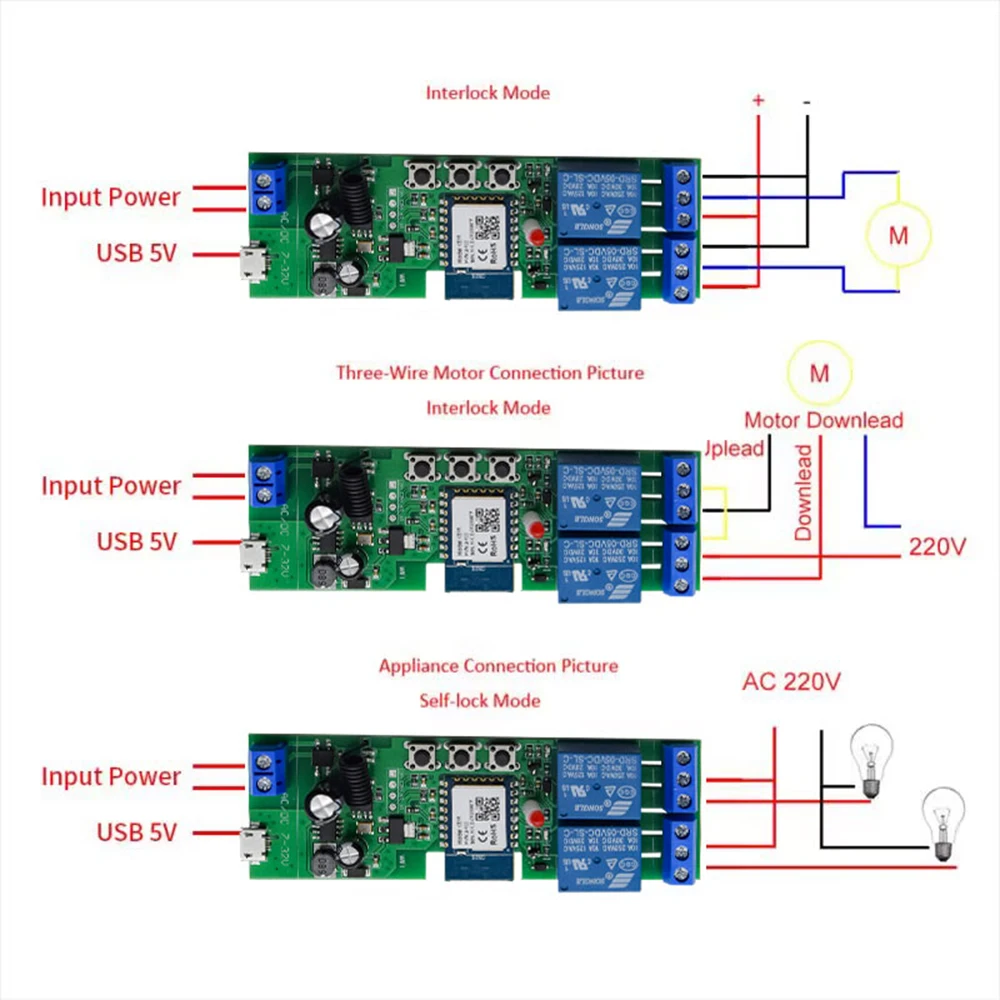 Módulo de interruptor de motor wi-fi inteligente, ac 220v tuya, 1ch ac/dc 5v 12v 32v rf 433, rádio, controle remoto, relé avançando para alexa,