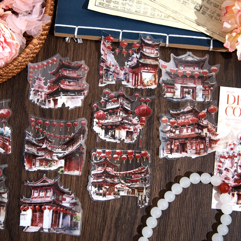 6 Books X20Pcs Waterproof PET Sticker Courtyard Deep Series Retro Chinese Style Landscape Architecture Pattern Manual Account