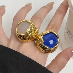 Vintage Hyperbole Irregular Metal Lava Textured Round Natural Stone Rings For Women Trendy Finger Jewelry Gifts