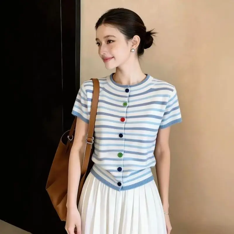 

Trend Stripes Short-sleeved Knitted Cardigan Women Summer T-shirt Single-breasted Soft Sweater Harajuku Sweet Y2k Cropped Tops