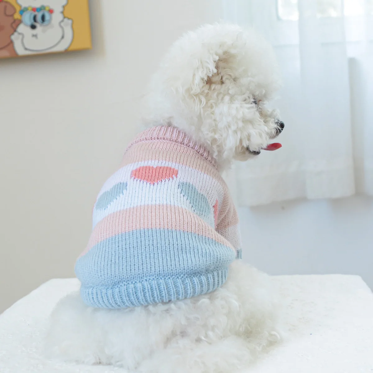 1PC Pet Clothing Dog Cat Spring and Autumn Hoodie Blue Pink Love Jacquard Sweater Suitable for Small and Medium sized Dogs