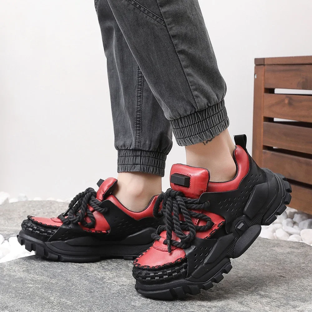 

Fashion Genuine Leather Platform Ankle Motorcycle Boots Casual Chunky Sneakers Wedge Low Cut Derby Shoes Men's Loafers Red