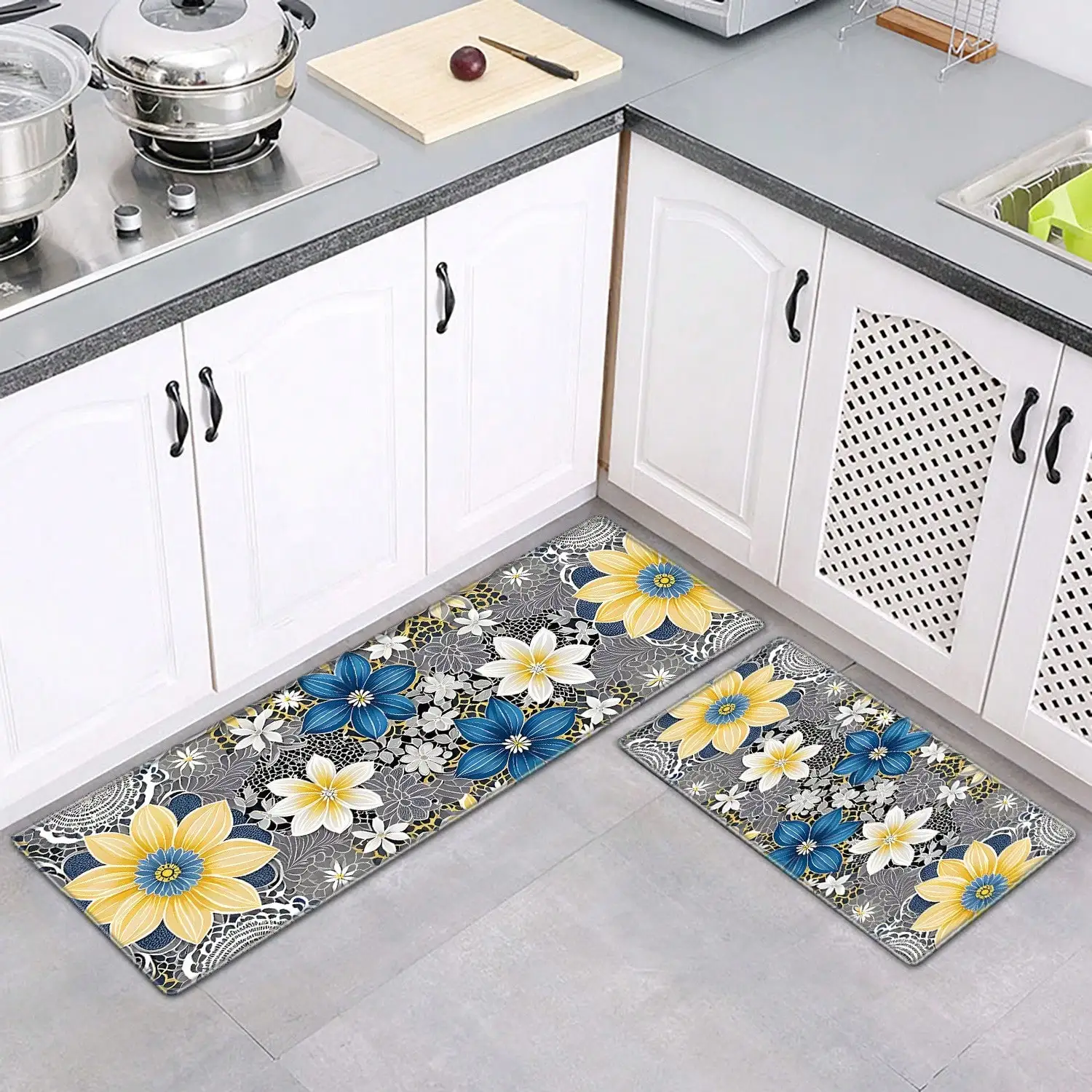 Vikamama Flowery Kitchen Floor Mat - Sunflower Butterfly and Retro Lines Art Pattern, Suitable for Restaurant, Bedroom Home Deco