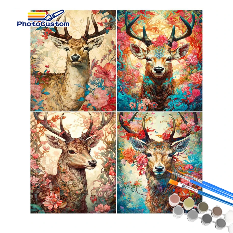 

PhotoCustom Oil Painting By Numbers Elk On Canvas Animal Handmade Drawing Paint For Adult Picture Of Coloring By Number Home Dec