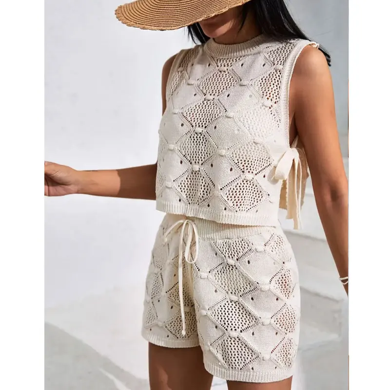 Women Crochet Knitted Hollow Out 2 Piece Set O-neck Sleeveless Side Split Lace Up Tank Crop Tops + Shorts Vacatioin Beach Suit