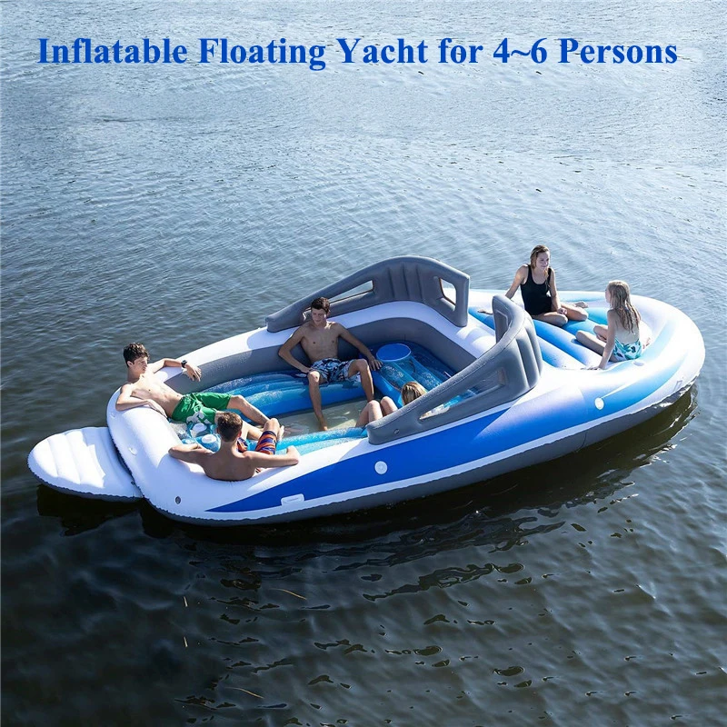 PVC Inflatable Floating Yacht for 4~6 Persons Inflatable Water Island Floating Bed Multi-person Floating Row Rafting Boat