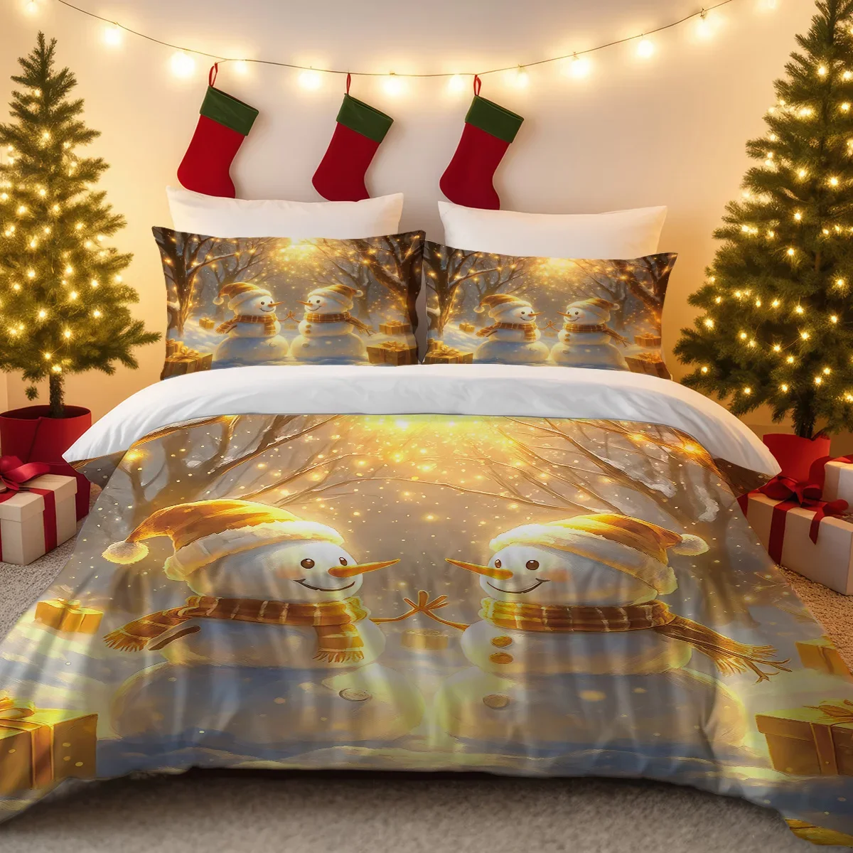 3PC Christmas Snowman Printed Bedding Set for Four Seasons Coreless Soft Bedroom for Multiple Sizes Machine Washable