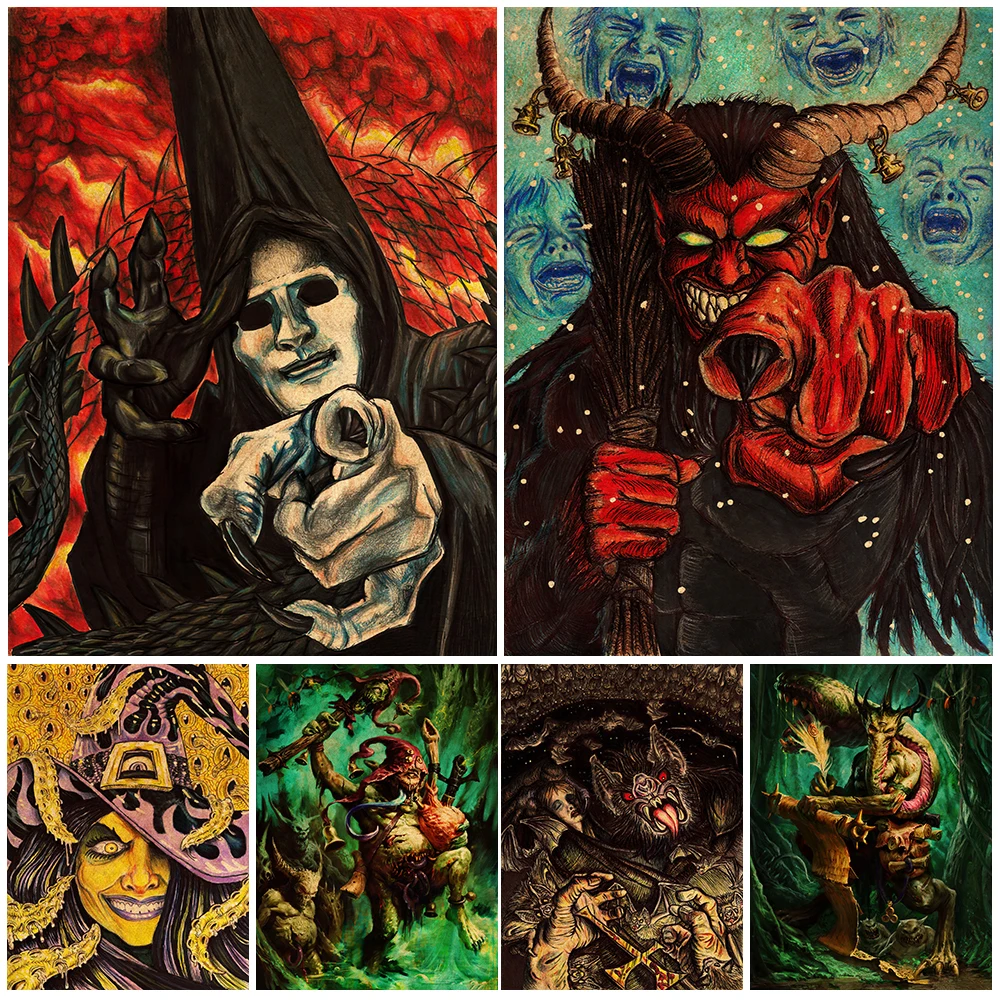 

Evil Tentacle Witch And The Feast Of Bat Cave Vintage Wall Art Canvas Painting Werewolves And Jungle Monsters Poster Print Decor