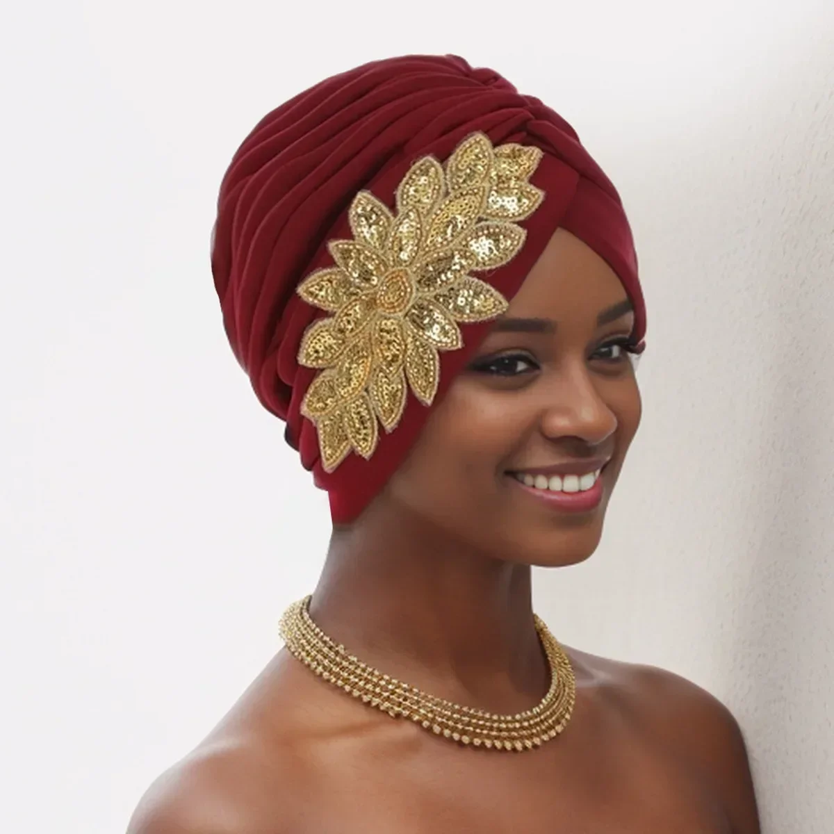 

2025 New Sequin Turban Cap for Women African Headties Auto Gele Pleated Bonnet Hijab Head Wraps Nigeria Wedding Party Headscarf