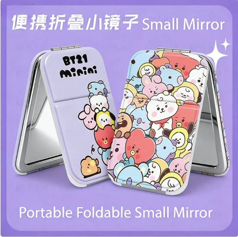 2026 BT21 idol Cute Folding Mirror, Portable Travel Makeup Mirror, Leather Small Mirror, Table Decoration for Student Dormitory