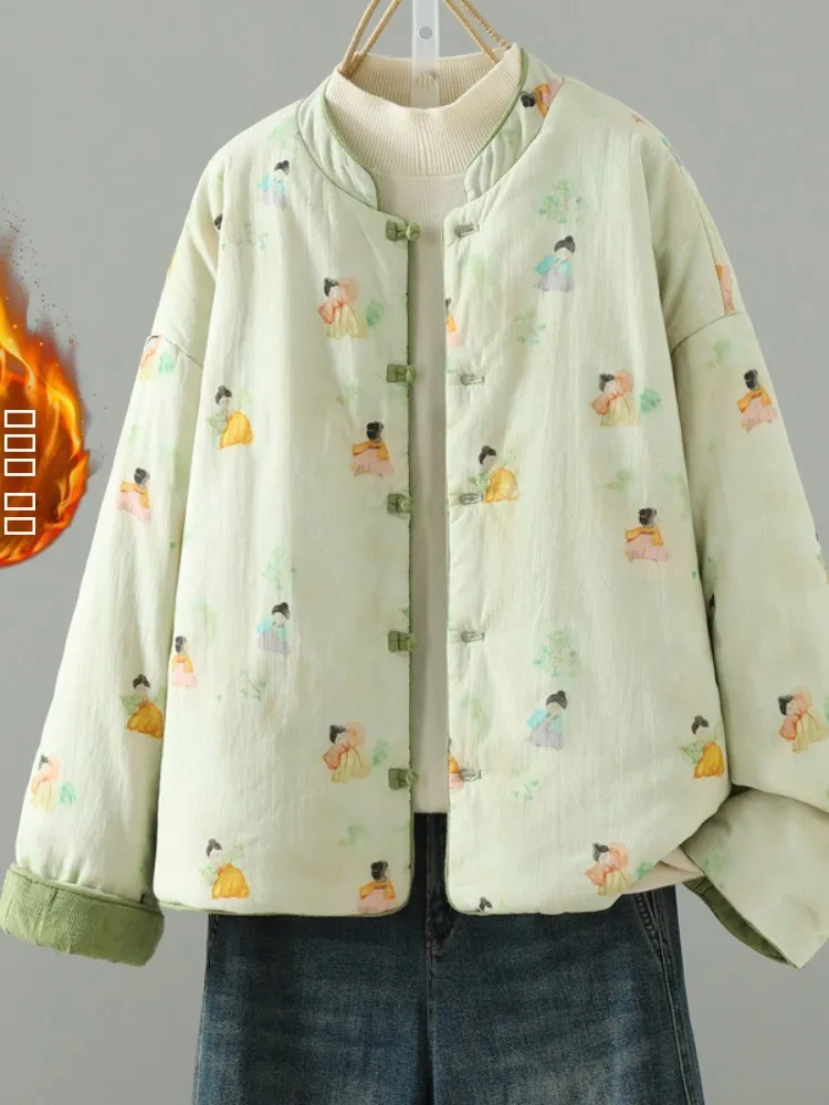 

Утепленное хлопковое женское пальто в китайском стиле с принтом, двустороннее, на пуговицах, свободного кроя, для зимы