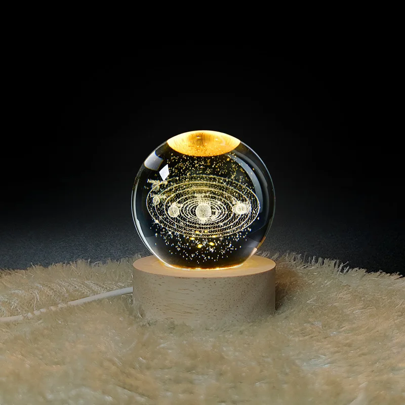 3D Crystal Ball Night Light LED Planet Galaxy Lamp Wood Base USB Powered Cosmic Desktop Ambient Decor Ornament for Table Home
