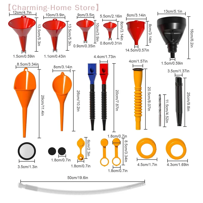 

【M】19-Piece Automotive Funnel Set Comes With Multiple Funnel Types And 9 Gas Can Spout Replacements Offering Wide For Cars