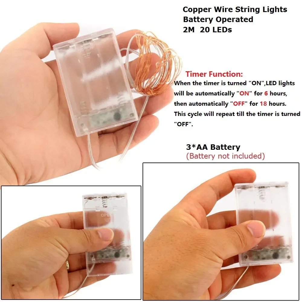 3AA Battery Operated 2M 20 LEDs Luces Lights Copper Wire Timer Christmas Party Decoration Garland Fairy Light Strings for Home