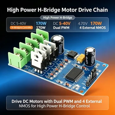 170W H-Bridge DC Motor Controller, NMOS Brake Duty Cycle, 5-40V, Dual PWM, External 4 NMOS