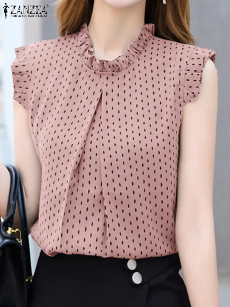 Summer Sleeveless Ruffle Tank Tops Elegant Casual OL Work Shirt Female Fashion Party Blusas Mujer ZANZEA Women Polka Dot Blouse