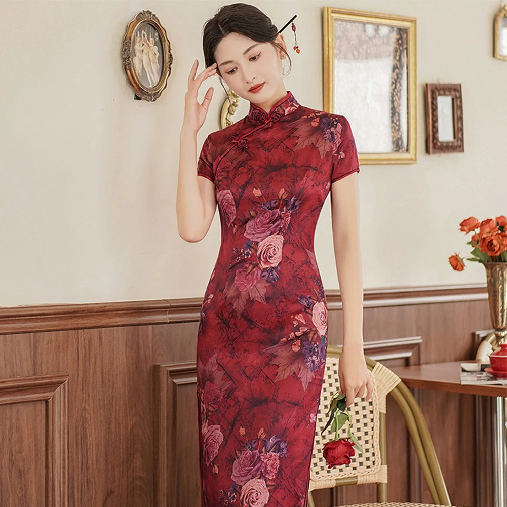 Robe de soirée quotidienne pour femmes, Qipao, mi-longue, vacances, fausse soie, tache, mariage, Cheongsam chinois