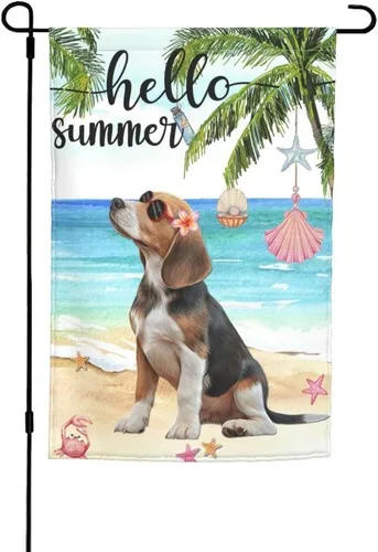 Hello Summer Beagle Puppy Dog Tropical Beach Garden Flag Double, 12x18 Inch XXQ