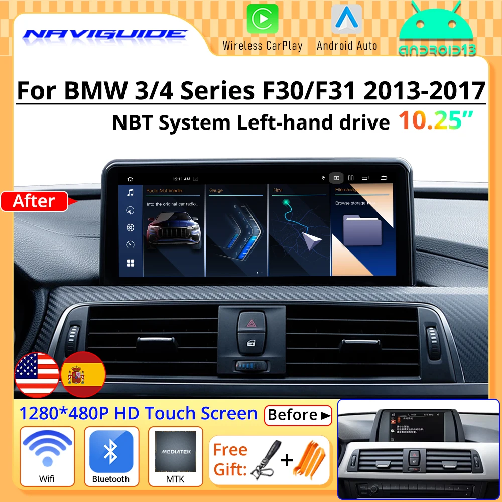 NAVIGUIDE 10.25" Android 13 Car Radio For BMW 3/4 Series F30 F31 NBT System 2013-2017 Multimedia player Wireless Carplay Auto BT