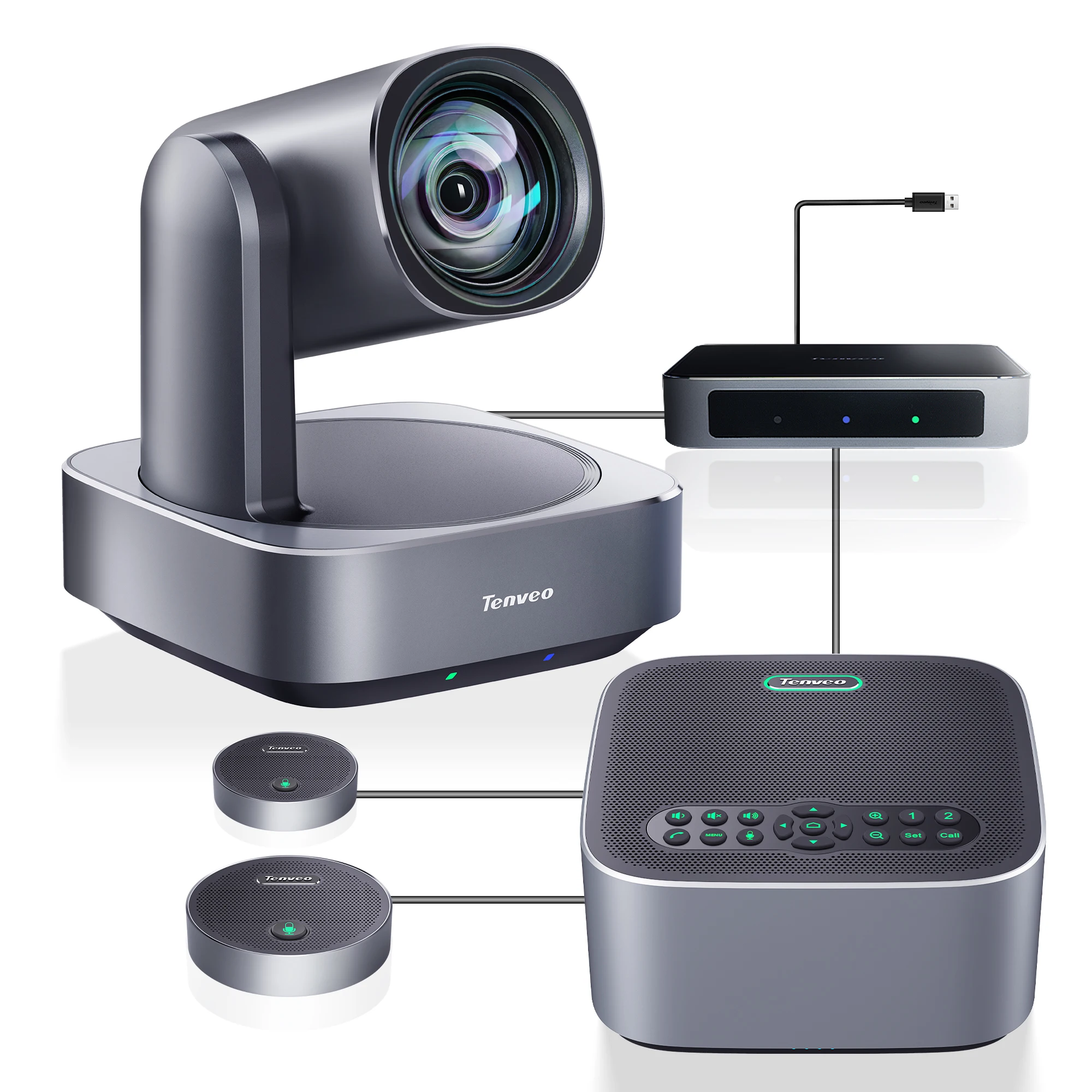 Tenveo All In One Conference Group 10x Zoom PTZ Conference Camera 1080P 60fps With Bluetooth Speakerphone HUB And 2 Mini Mics