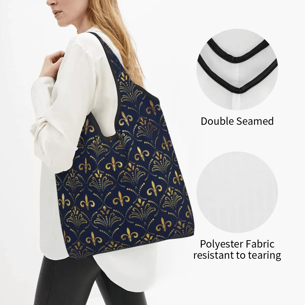 Funny Fleur De Lis Elegant Pattern Gold And Deep Blue Shopping Tote Bags Portable Vintage Lily Flower Shoulder Shopper Bag