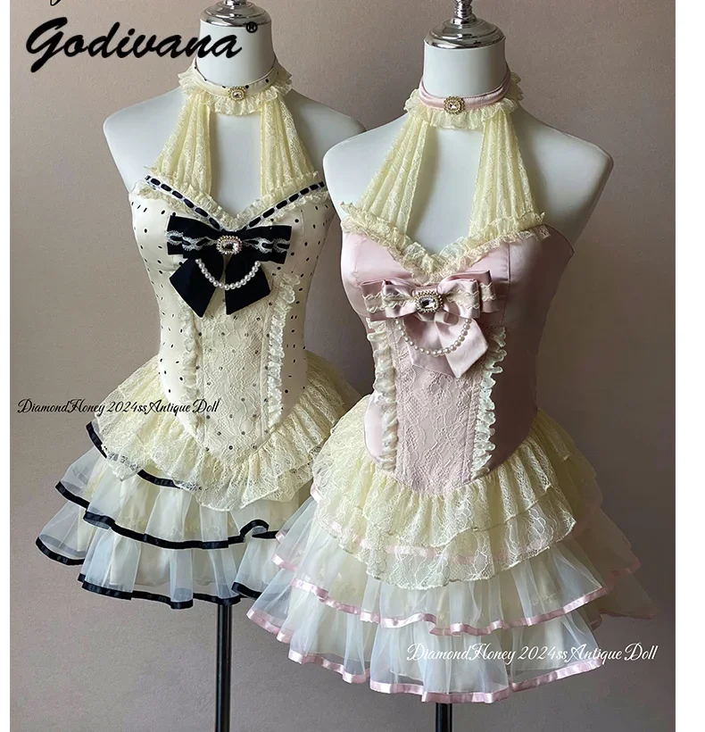 Princess Exquisite French Romantic Hanging Neck Sweet Bow Pink Halter Top Slim Vest Mini Skirt Women\'s Organza Cake Skirt Set