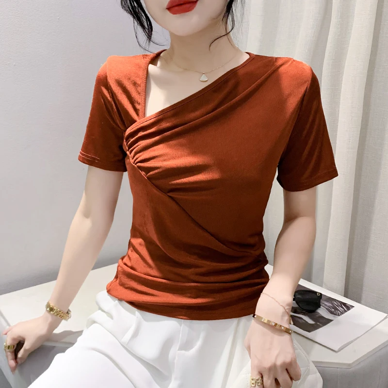 Camiseta feminina slim fit ort sve gola assimétrica verão novo sle design europeu sentido irt linha dobrável topo